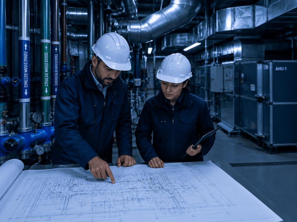 FM Tech Engineering team reviewing technical drawings